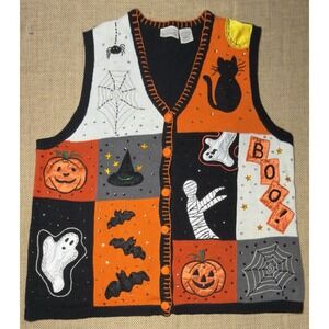 Vtg Basic Editions Halloween Ugly Sweater Vest 2X Witch Cat Ghost Spider Bat